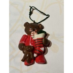 Vintage Russ Teddy Bear Christmas Ornament Wearing Red Pajamas Holding A Bear